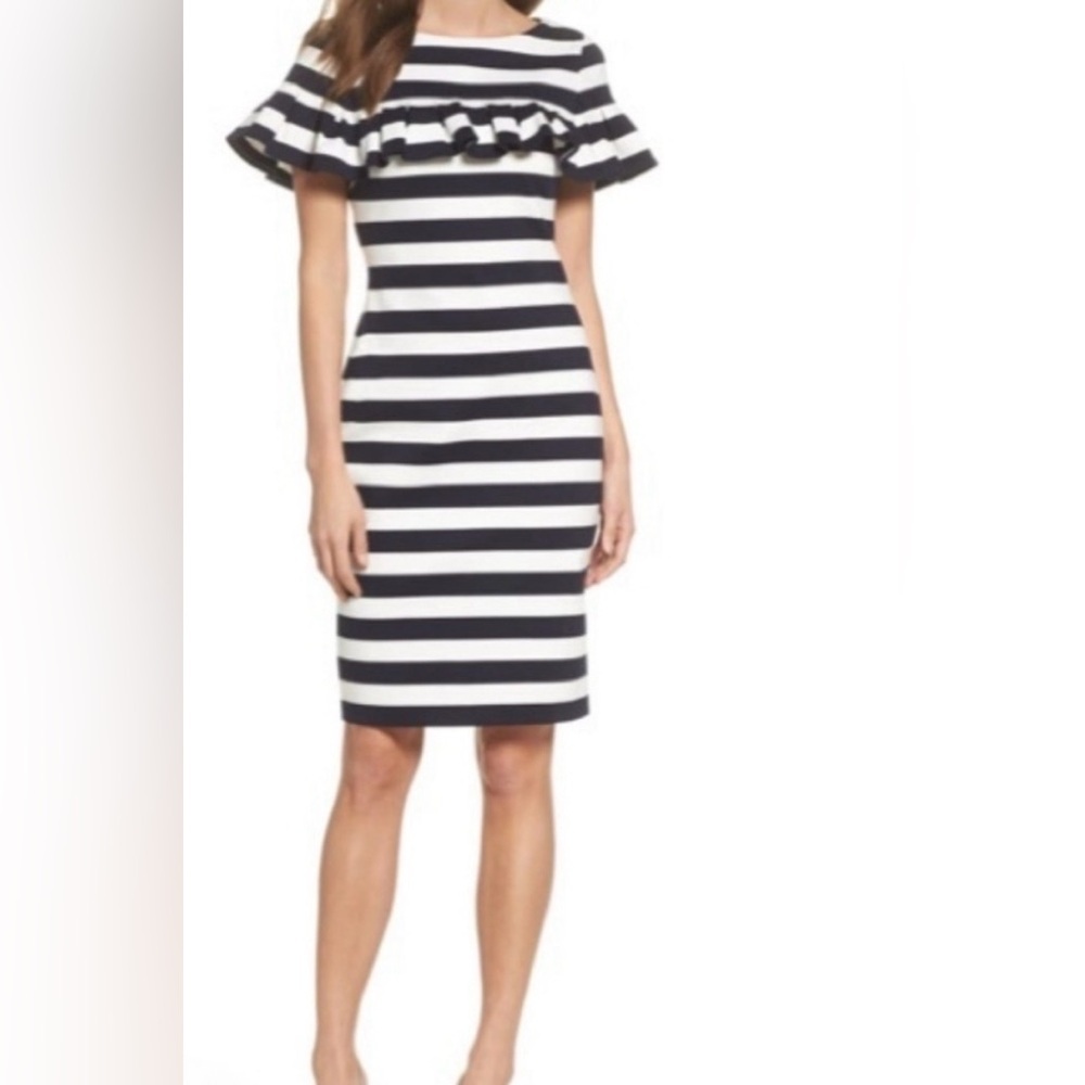Eliza J Navy and White Striped Sheath Dress with Ruffle - Picture 6 of 6